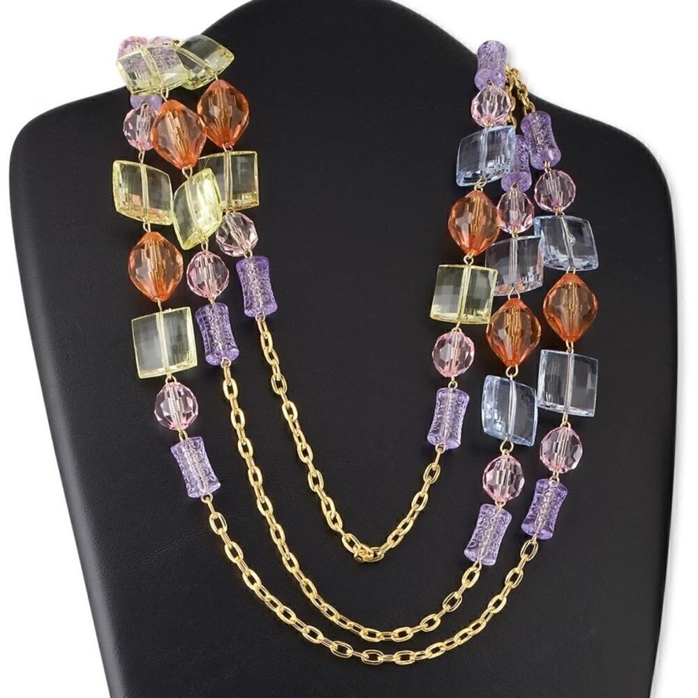 Chunky Gold Metal Chain and Mixed Baubles Acrylic Beads 73" Long Necklace